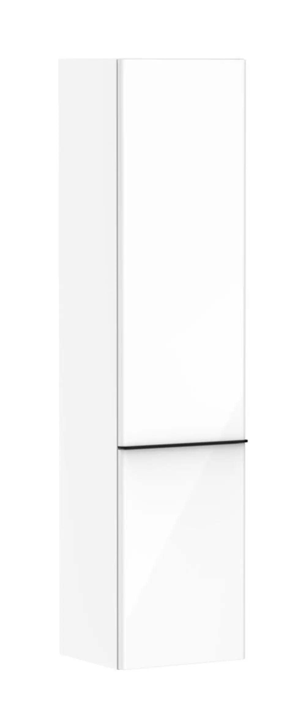 Weißer Hochschrank von Hansgrohe mit zwei flachen Türen. Die Oberfläche ist hochglänzend und minimalistisch gestaltet. Türanschlag links.